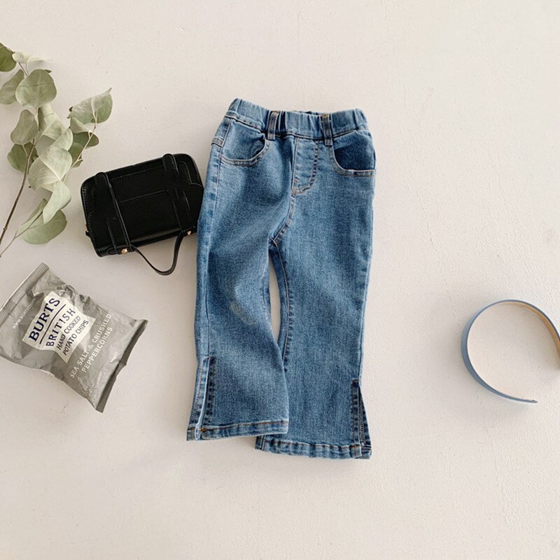 2021 Spring Baby Girls Denim Flare Pants tinta unita bambini bambini Jeans elastici pantaloni per bambini stile coreano