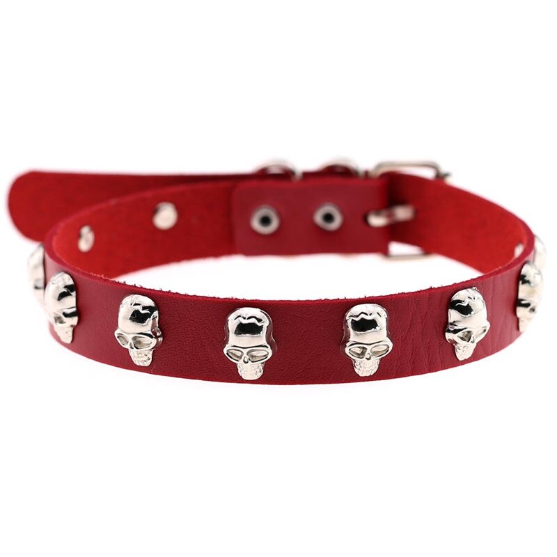 Trendy Punk Rock Silver Color Alloy Skull Leather Choker Necklace For Women Men Collar Jewelry: Red