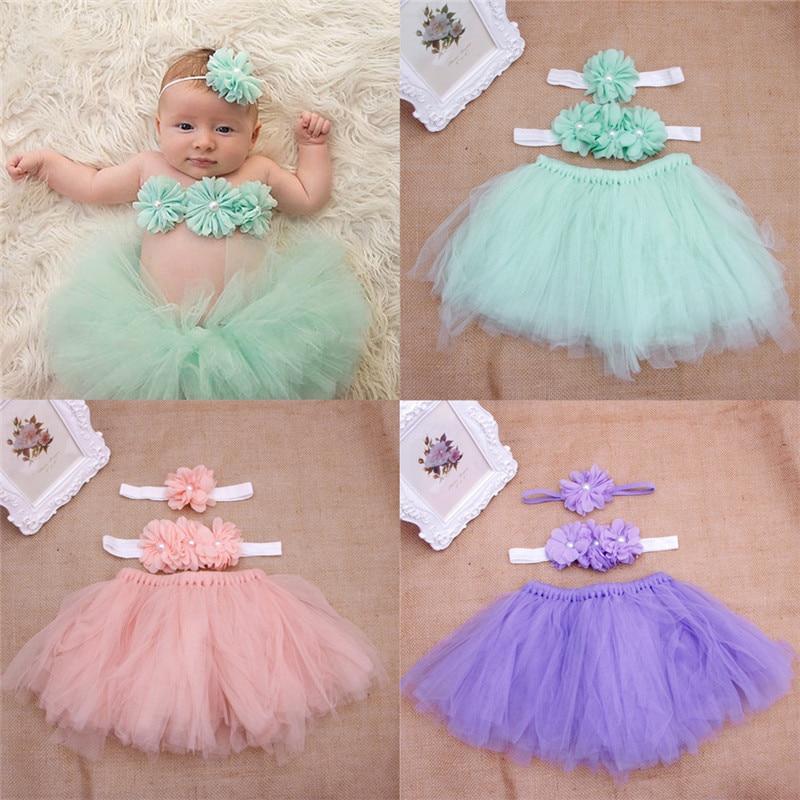 Baby toddler pige blomster tøj + hårbånd + tutu nederdel foto prop kostume outfits 3 stk nederdel