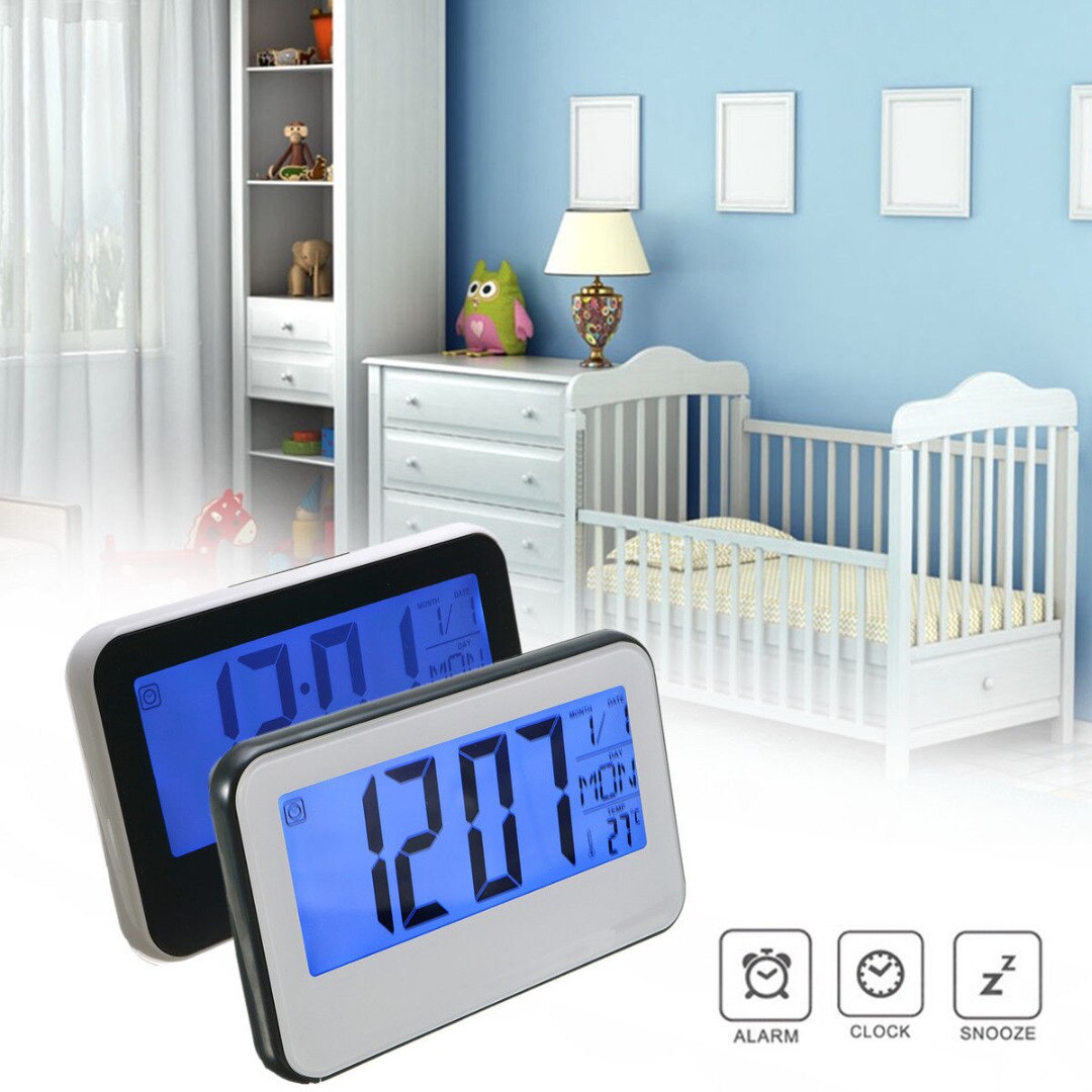 LCD Display Digital Backlight Alarm Clock Thermometer Sound Controlled Home Calendar Date Display Snooze Function