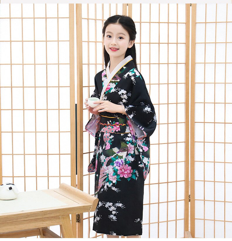 Traditionell kinesisk kimono för barn sidenklänning för barn i ett stycke klänning: Svart / 140
