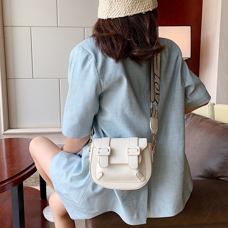 Female Wide Strap Shoulder Bag Solid Color Crossbody Bags For Women Exquisite INS Saddle Bag