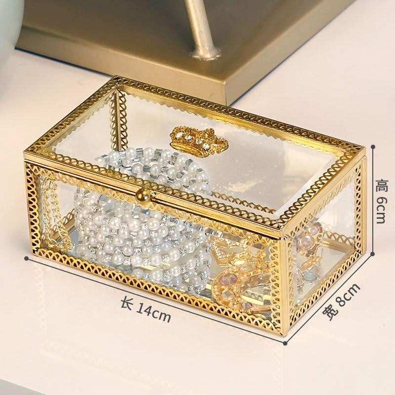 Nordic Gold Grid Glass Storage Box Luxury Modern Cosmetics Jewelry Storage Box Container Desktop Bathroom Storage: rectangle