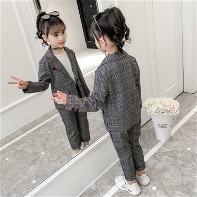 Teenage Girls Baby Girls Clothing Set Plaid Jackets +Pants Tracksuit School Uniform Girls Clothes Children Clothes Suit