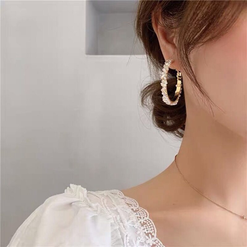 MENGJIQIAO Korean Shell Flower Circle Hoop Earrings For Women Cute Zircon Pearl Boucle d'oreille Jewelry