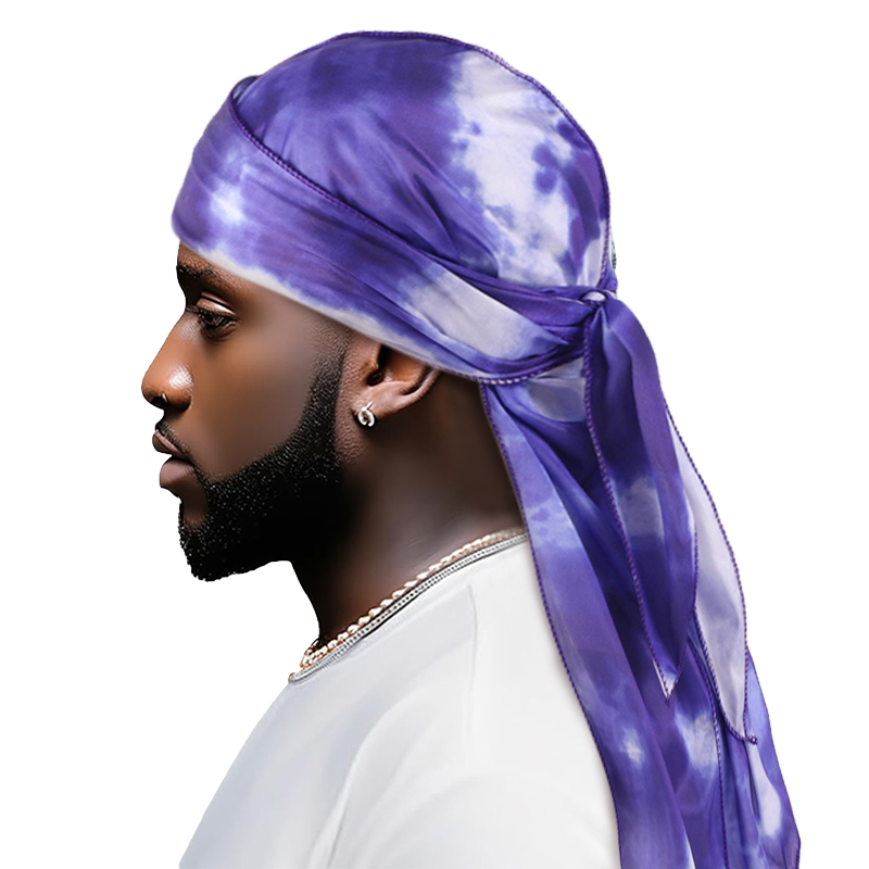 Novo tingido de seda Durag Bandana com cauda longa e alça larga Colorido Durag Cap touca de banho para homens e mulheres: Preto