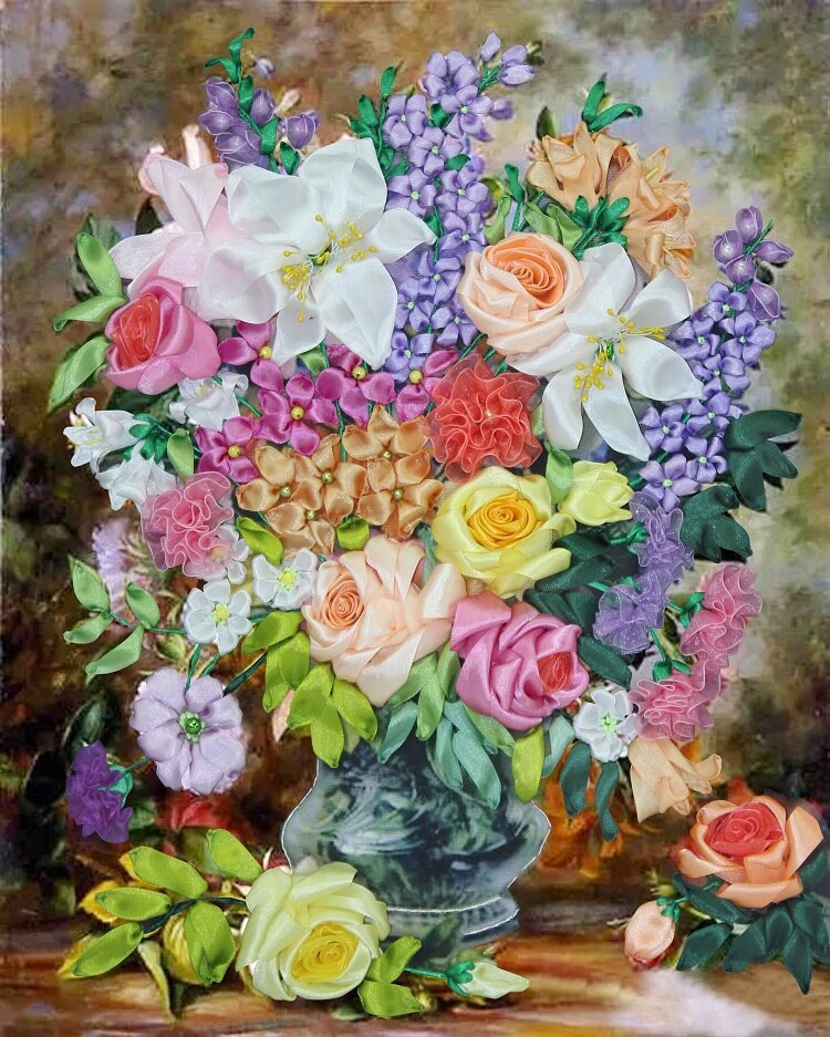 POVUOP kruissteek lint borduren kit 60X50 cm mode lint borduren kit 3d print cross stitch schilderijen