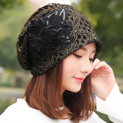 Spring Autumn Hat For Women Skullies Beanies Women Warm Cap Unisex Elasticity Knit Beanie Hats Gorros Female Lace Caps: Black