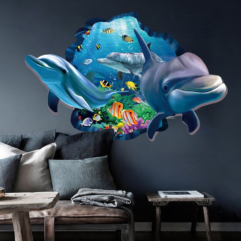 3d Effect Wall Stickers Underwater World Dolphin Fish Background for Kids Room Wall Decals Home Decoration On the Wall