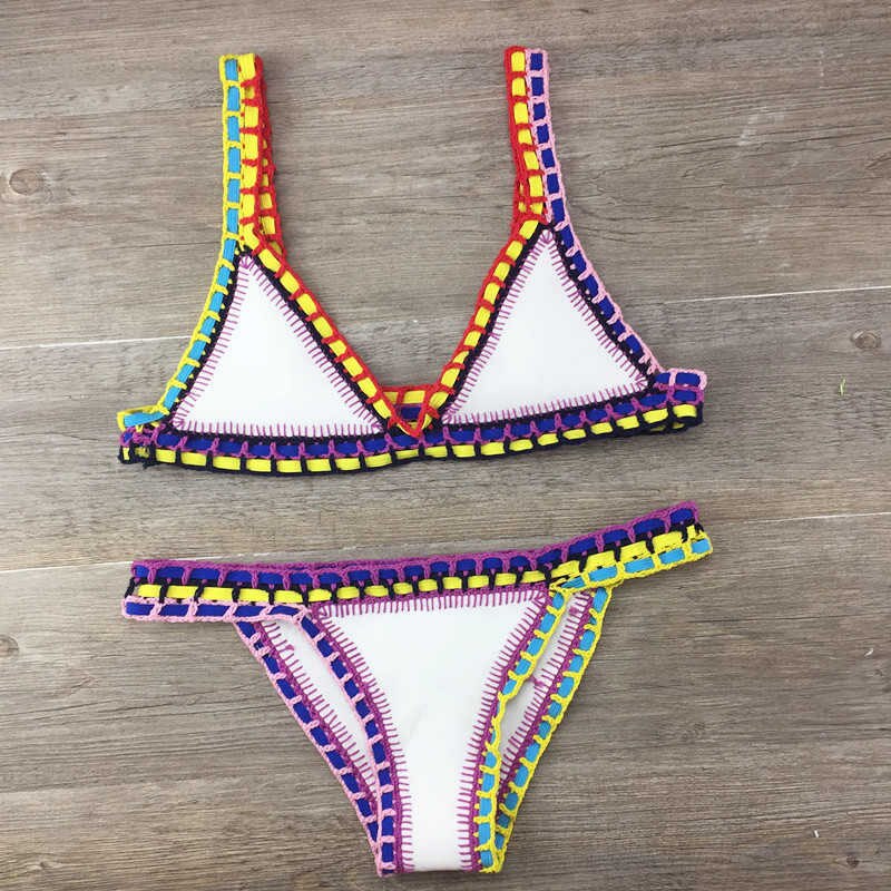 Women's Bikini Hand Crocheted Knit Patchwork Swimsuit Women Swimwear Beach Vacation Halter Top Maillot Biquini Bathing Suits: photo color