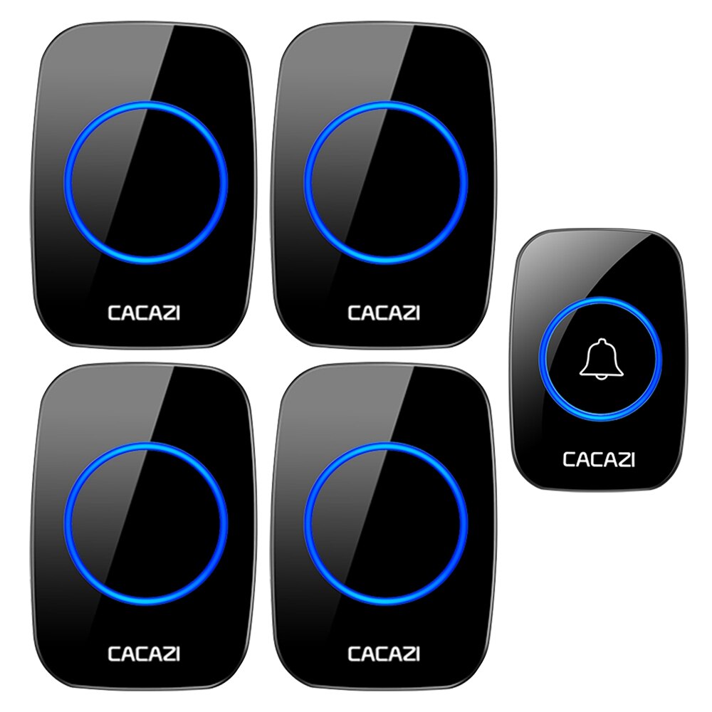 CACAZI Waterproof Wireless Doorbell DC Battery-operated 60 Chimes 5 Volume Home Cordless Door Ring Bell 1 Button 4 Receiver: black 1x4