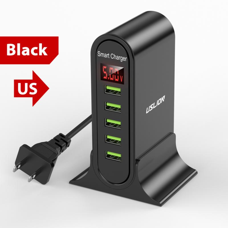 5 Port USB Charger HUB LED Display Multi USB Charging Station Dock Universal Mobile Phone Desktop Wall Home UK US EU Plug: 03 US BLACK