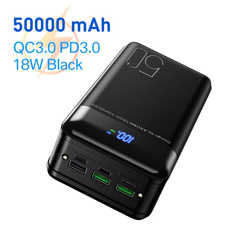 Power Bank 50000 Mah Draagbare Oplader Met Led Licht Grote Capaciteit Powerbank 50000 Mah Externe Batterij Voor Iphone 13 X xiaomi: Black 18W QC PD