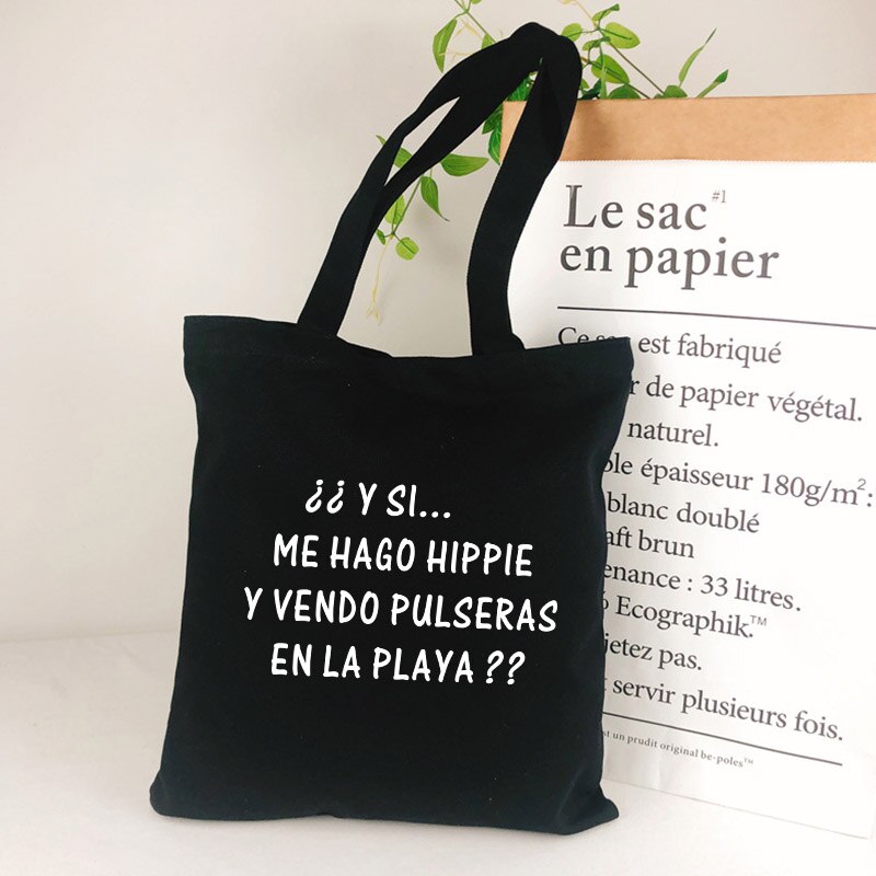 Borsa Shopper estetica spagnola borsa Shopper in tela estiva da donna borsa da spiaggia grande per donna con stampa lettere bianche nere: Black