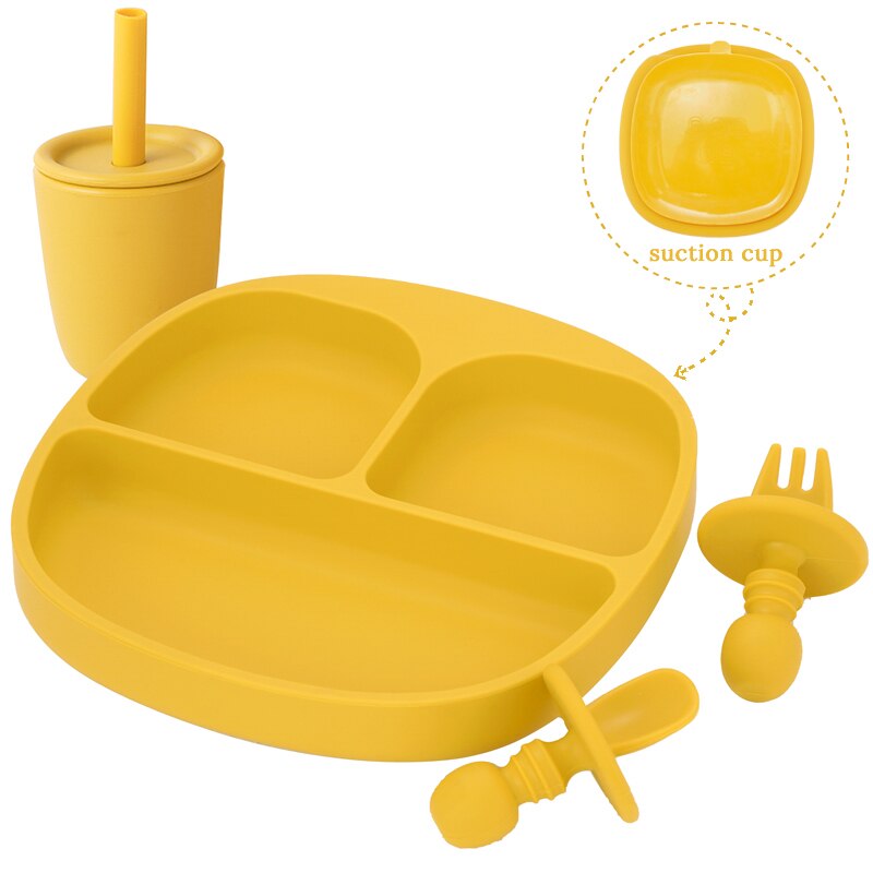 BPA Free Children's Tableware Baby Feeding Solid Food Dinner Set Plates Training Bowl Feeding Dishes Spoon Fork Straw Cup: 005-mustard