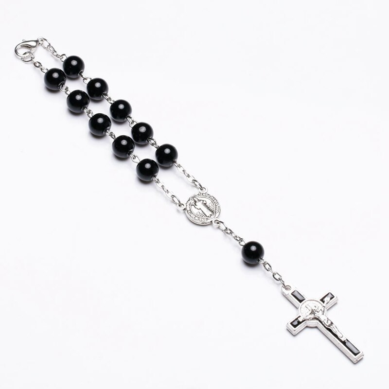 Pulsera de esmalte con cruz de Jesús para hombres, brazalete de cuentas negras con conectores de San Benito, para de Navidad