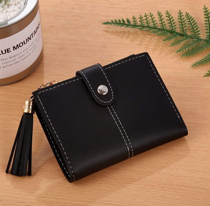 Women Girl Mini Tassel Short Wallet Coin Purse Credit Card Holder Organizer Pocket Classic Solid Purses Wallets: Black