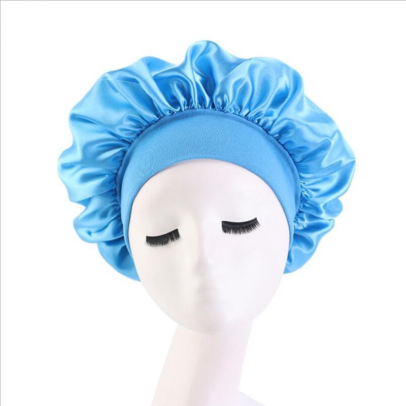 Women&#39;s Satin Solid Wide-brimmed Sleeping Night Sleep Cap Hair Care Bonnet Nightcap Shower Cap For Women Men Unisex Cap Bonnet: 14 Blue