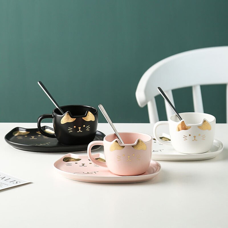 Keramische Kopje Koffie Sets Cartoon Kat Patroon Kopje Thee Dessertbord Outfit Leuke Koffie Kop En Schotel Set Geven weg Lepel