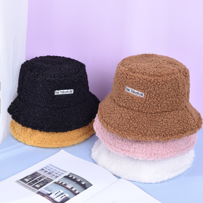 Winter Autumn Thick Warm Soft Lamb Wool Women Bucket Hat Solid Color Female Ladies Flat Top Hat Beanie Bonnet