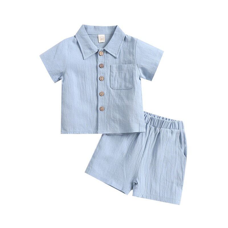 Blotona 2Pcs Little Boys Outfit, Toddlers Summer Solid Color Lapel Short Sleeve Single-breasted Shirt Tops +Elastic Waist Shorts: Blue / 24M