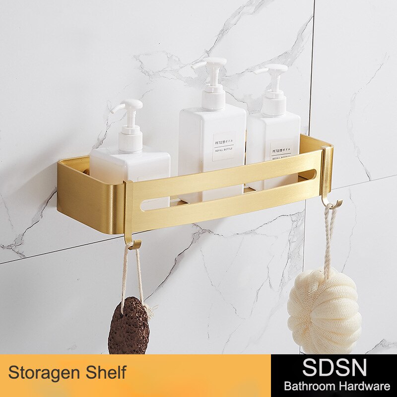 Barhroom Hardware Sets SDSN Brushed Gold Bathroom Hardware Set Space Aluminum Toilet Brusher Holder Bathroom Towel Rack Hook: storangen-shelf