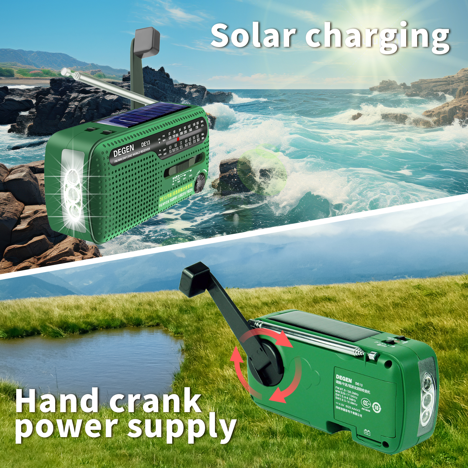 Degen DE13 Zaklamp Fm Zon Wekker Radio Kan Power Uw Telefoon Emergency Radio Draagbare Fm Mw Sw Crank Radio ontvanger