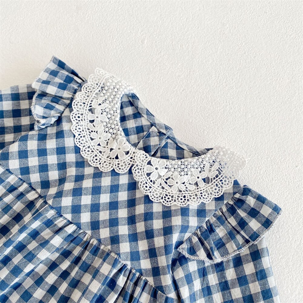 Abbigliamento estivo per neonati neonato colletto per bambole in pizzo pagliaccetto moda Plaid pagliaccetto a maniche lunghe tuta in lino di cotone 0-2Y