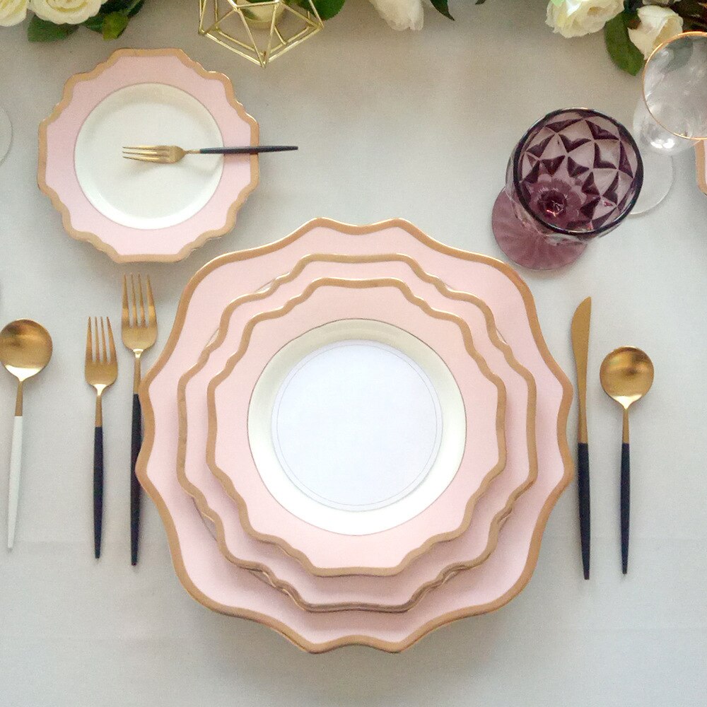 Sunflower Ceramic Dinner Plates Wedding Party Dishes White Pink Golden Edge Tableware for Girls Dessert Plate Serving Tray