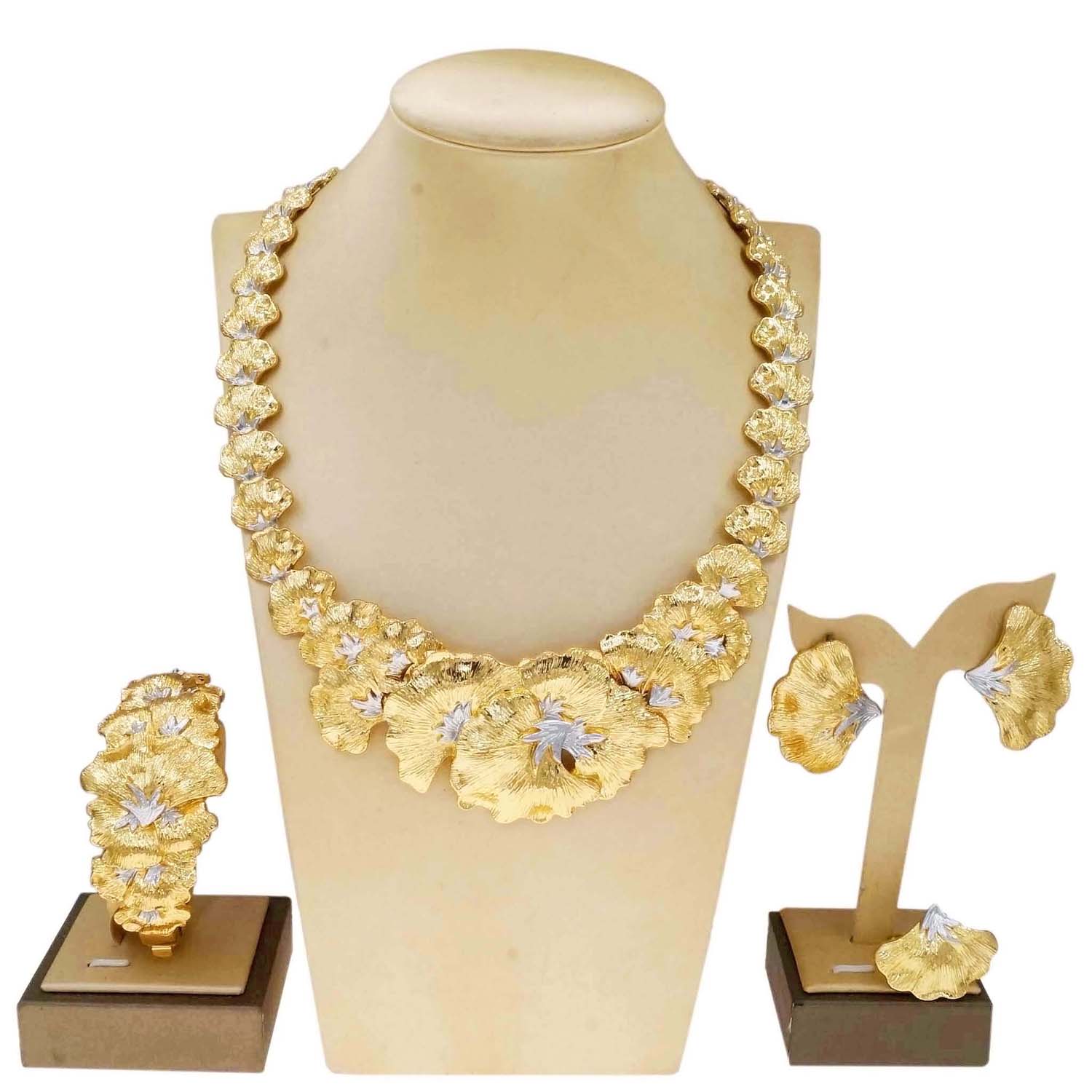 Conjunto de joyas chapadas en oro para mujer, collar de flores de lujo, pendientes elegantes, bisutería de cena y boda, SYHOL
