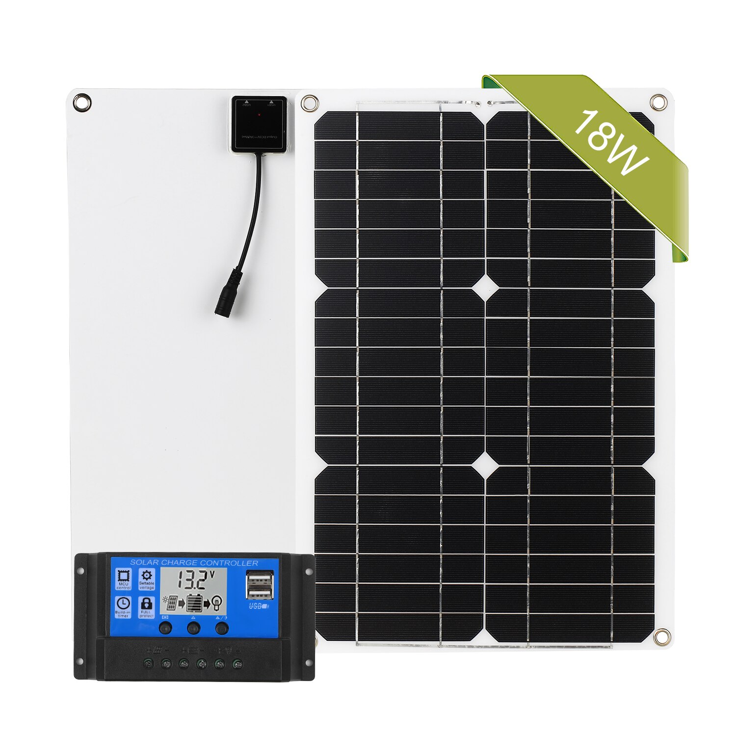 18w 12v solcellepanel-sett av monokrystallinsk modul med solcellekontroll sae tilkoblingskabelsett: Med kontrolleren