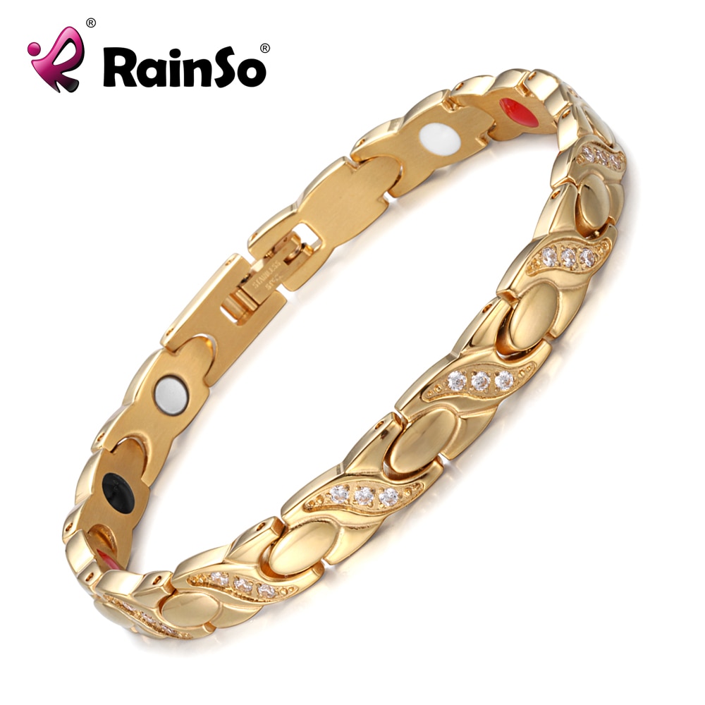 Rainso Roestvrij Staal Magnetische Vrouwen Armbanden Therapie Sieraden Gold Link Chain Met Bio Elements Charm Armband