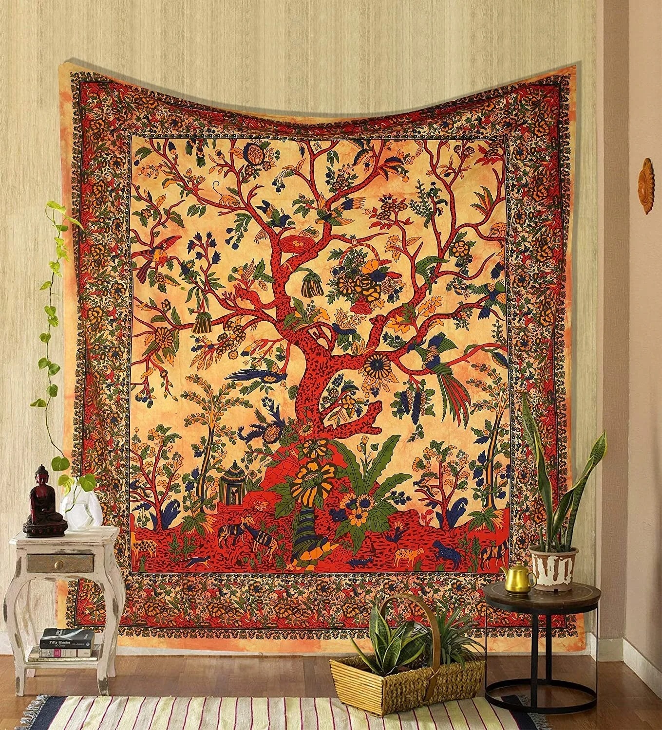 Tapiz verde árbol de la vida para colgar en la pared, tapiz psicodélico, tela de cama doble de algodón indio, tela de Picnic para pared: 140 x 200 cm / Putty