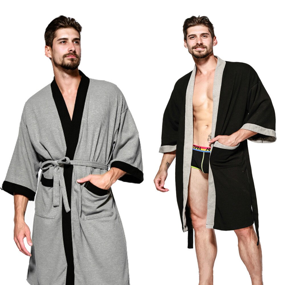 Peignoir de bain homme coton gaufre Plaid Kimono peignoir vapeur Sauna hommes Robes longues vêtements de nuit nuit printemps automne maison vêtements
