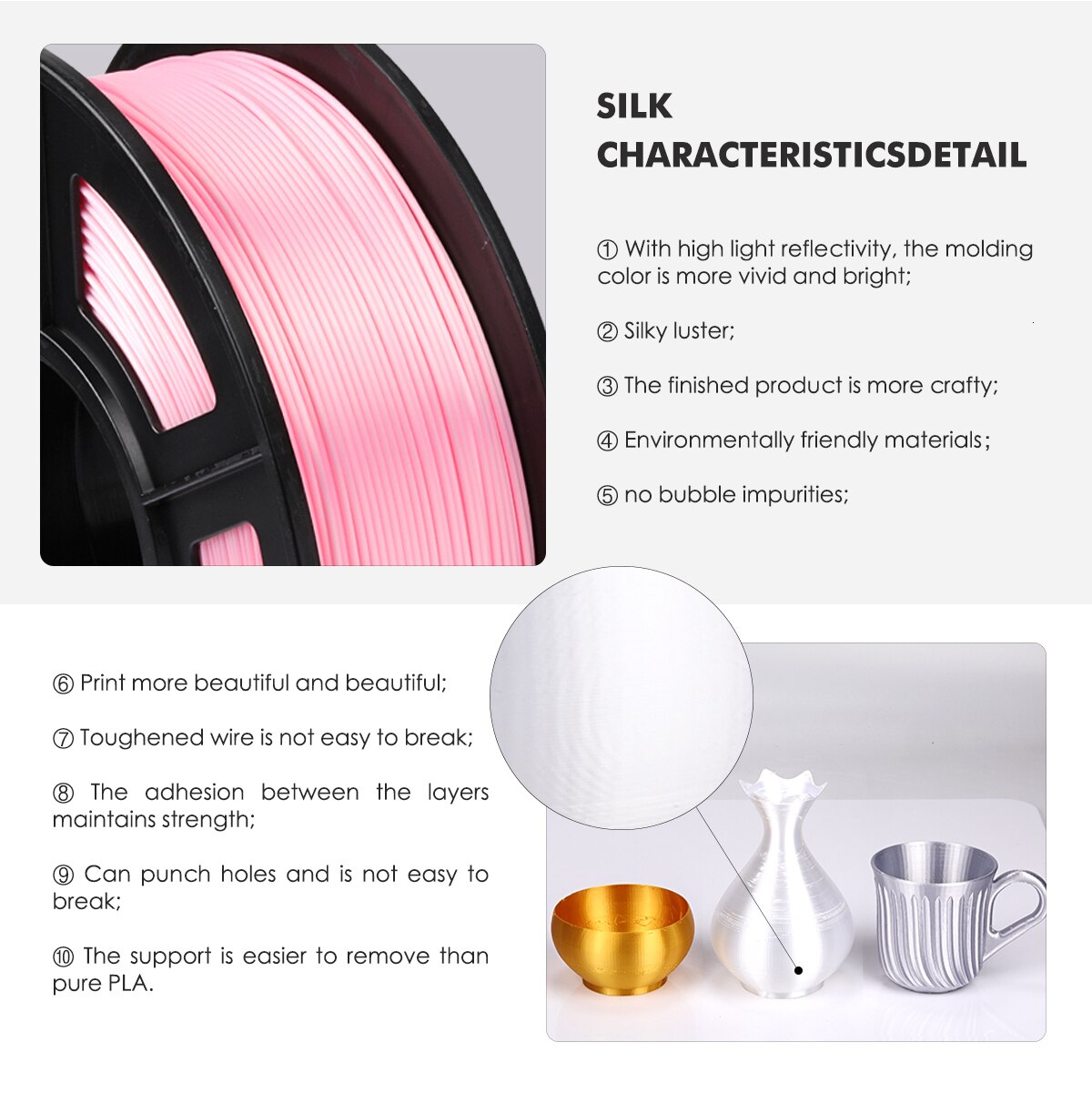 PLA Silk Filament 1KG For 3D Printers Filament 1.75MM Light Gold Silk Texture Refills Biodegradable Material Shiny Surface