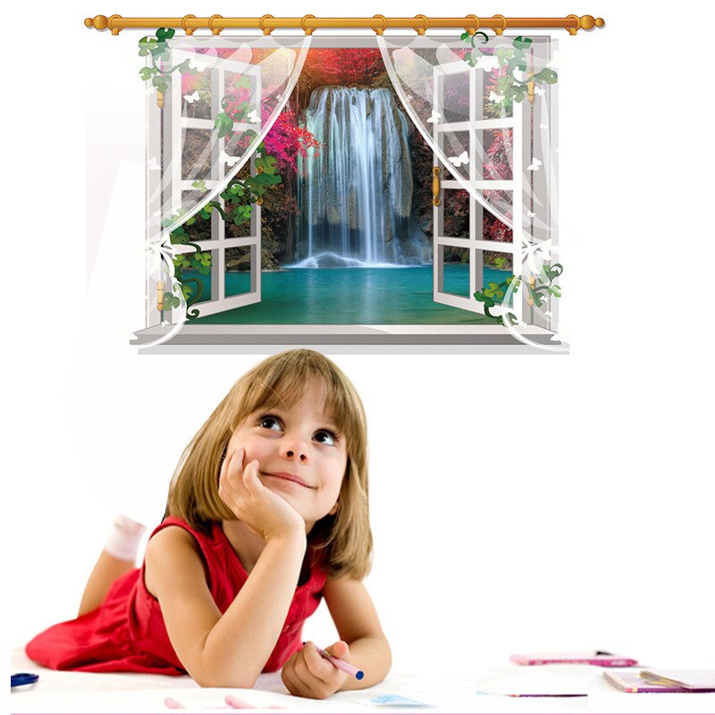Waterfall water screen scenery false window landscape wall decal environmental protection Removable Wall Sticker