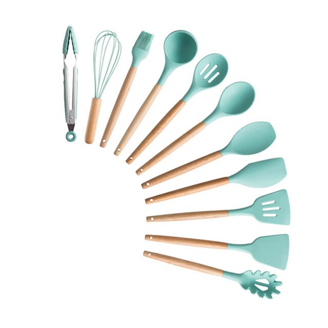 Batterie de cuisine en silicone avec poignée en bois Ensemble de cuisine Ensemble de batterie de cuisine Batterie de cuisine antiadhésive Accessoires de cuisine avec boîte de rangement en acier inoxydable: MINT GREEN-11PCS