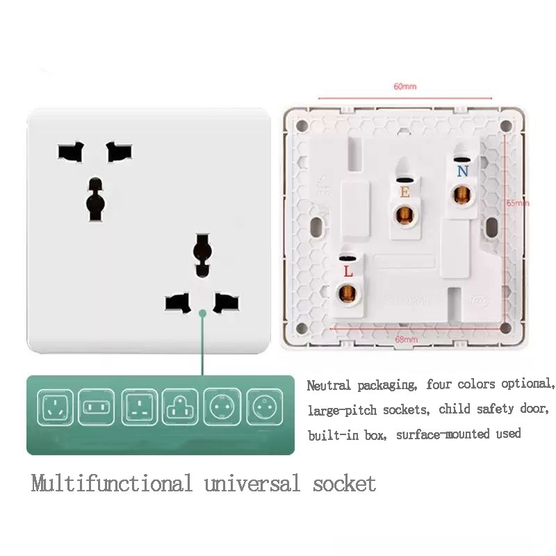 Gniazdo ścienne uniwersalne, typ 86, rozstawne, skośne, 6 gniazd, natynkowe, podwójne, 3-pinowe, brytyjskie, UK, 13A, płyta gniazdka zasilania, 4 kolory