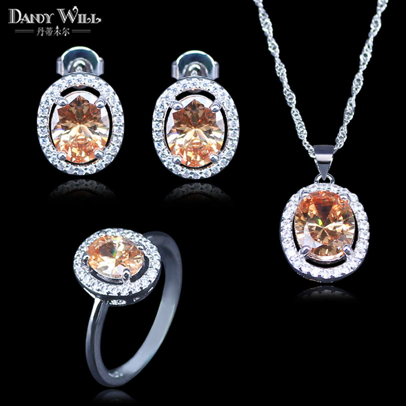 Champagne Zirkoon Vrouwen Bridal Zilver Kleur Sieraden Sets Earring Met Witte Stenen Hangers &amp; Kettingen/Ringen Set Geschenkdoos