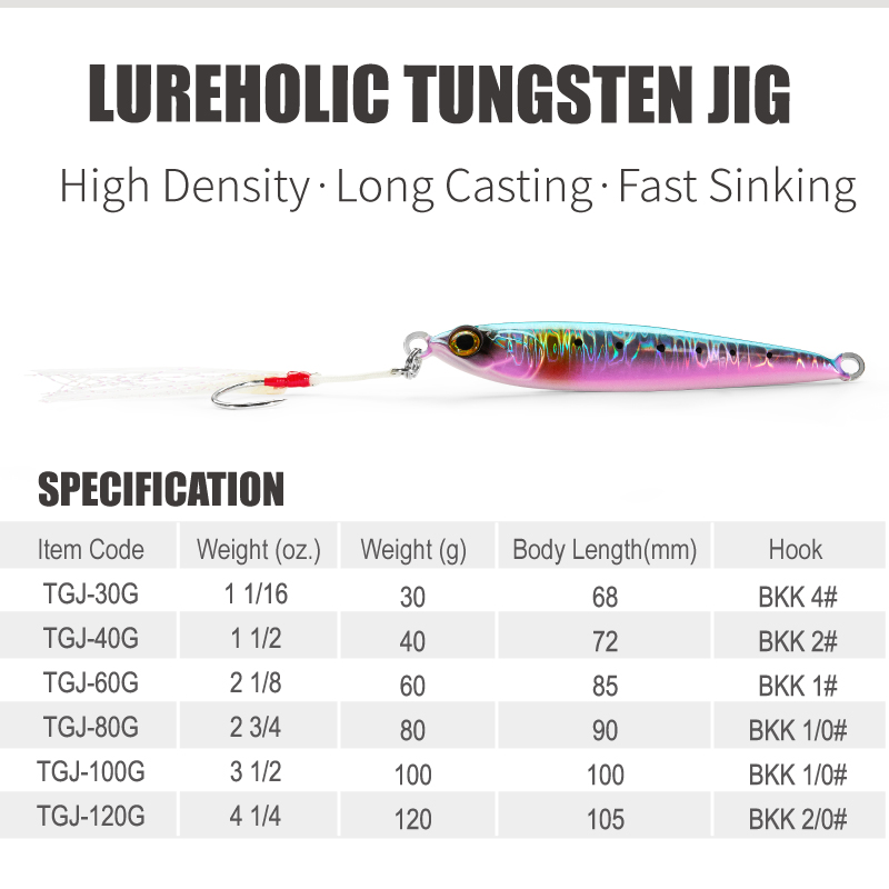 Plantilla de tungsteno Lureholic de 30g ~ 120g, cebo duro de caída lenta, plantilla de Metal de fundición larga de hundimiento rápido para señuelo Fishig con ganchos