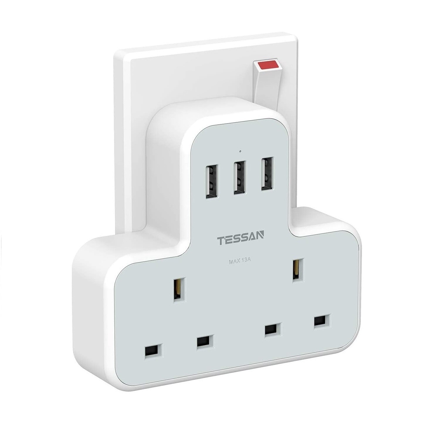 UK Power Strip with 3 USB Charging Ports and 2 Outlets Multi Sockets Wall Charger Electrical Plug 100-250V Adapter for Home: TS-221-UK