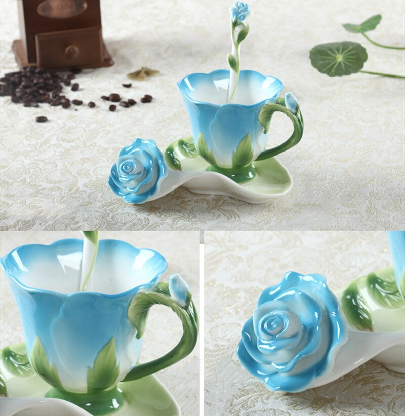 Creatieve Mode 3D Rose Vorm Bloem Emaille Keramische Koffie Thee Kop En Schotel Lepel Set Porselein Water Cup Valentijnsdag