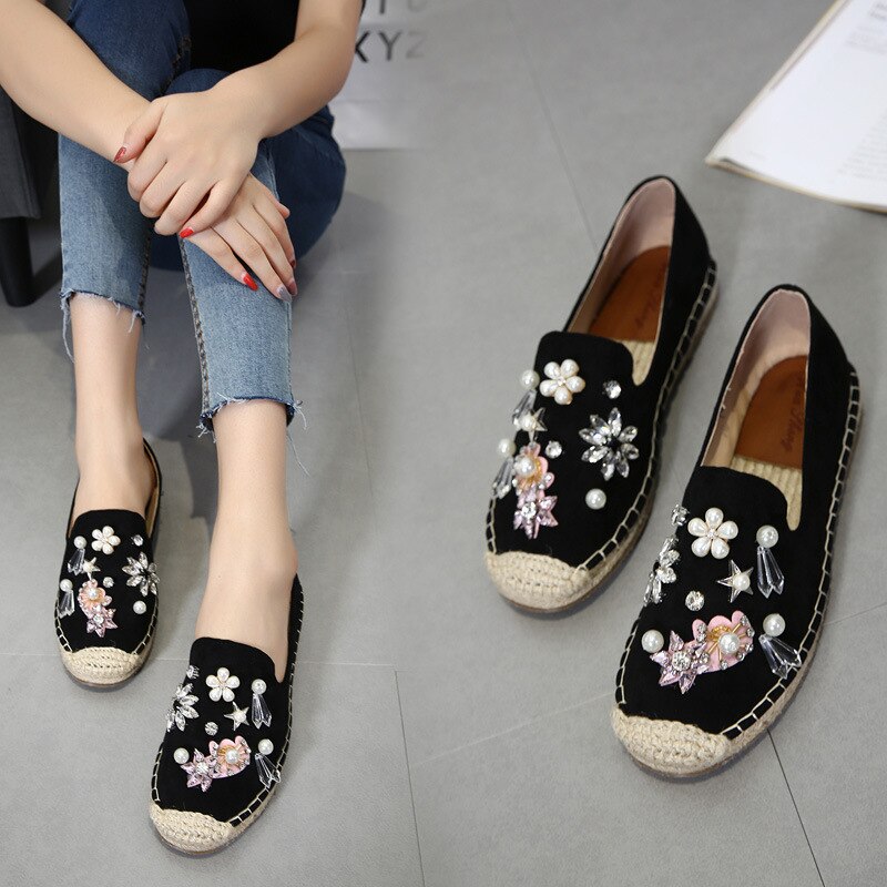 Perle de luxe en tricot pêcheur creeper chaussures femmes perles cousues à la main espadrilles appartements cristal paresseux mocassins antidérapant mocassins