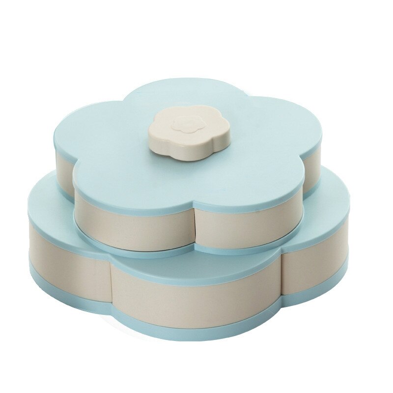 Double Layer Petal Shaped Rotating Candy Box Dish Snacks Tray Five Grid Dried Fruit Case Plastic Container: Double blue