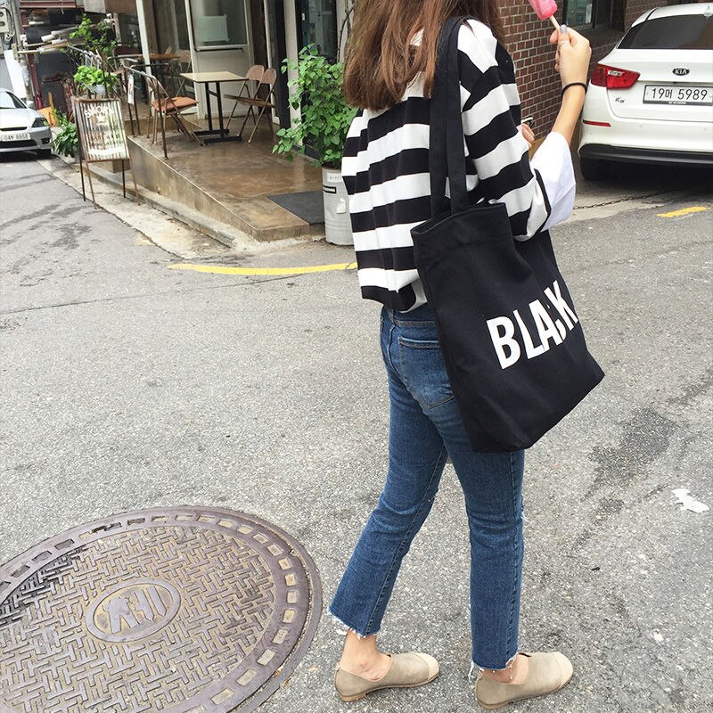 Shopping Bags Women Zipper Letter Printed Chic Big Capacity Leisure Daily Shop Bag Canvas Tote Reuseable Eco Shooper Harajuku: black / M