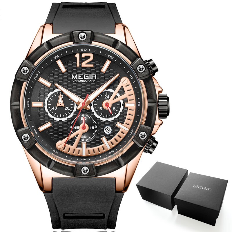 Megir Army Sport Waterdichte Quartz Horloges Voor Mannen Blauw Siliconen Stopwatch Relojios Masculinos Klok Lichtgevende 2083GBE-2: MN2083G-Rose-Black