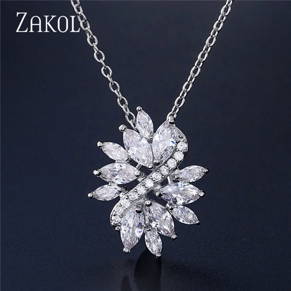 ZAKOL Delicate Cubic Zircon Crystal With White Color Handmade Fashionable Flower Necklaces Pendants For Women Wedding FSNP009