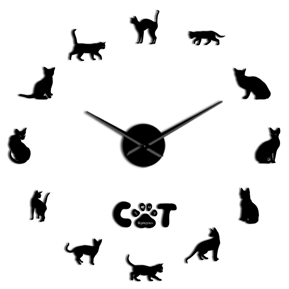 Hairless Cat Sphynx Cat 3D DIY Wall Clock Mirror Sphinx Cat Frameless Large DIY Wall Watch Kit Cat Breed Wall Art Sticker Decor: Black / 47 Inch