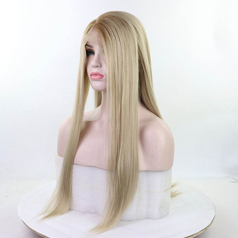 Bombshell lige syntetisk blonde front paryk brune rødder ombre lys blond varmebestandig fiber hår sideskilning til kvinder parykker