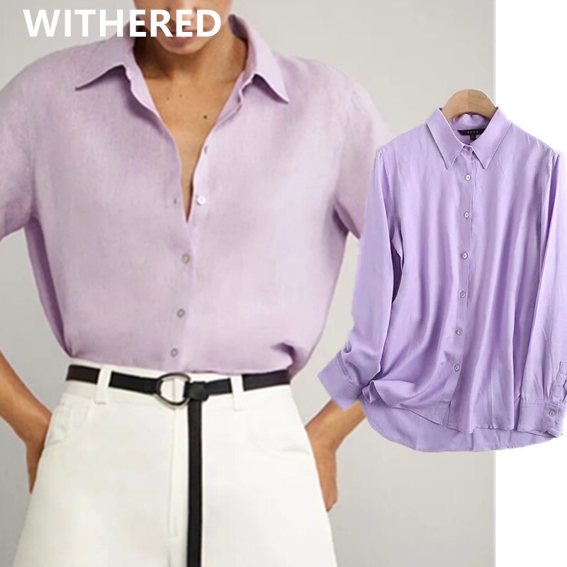 Verwelkte engelse kantoordame, eenvoudige katoenen linnen effen blouse, dames blusas mujer de moda, losse blouse, dames tops en blouse